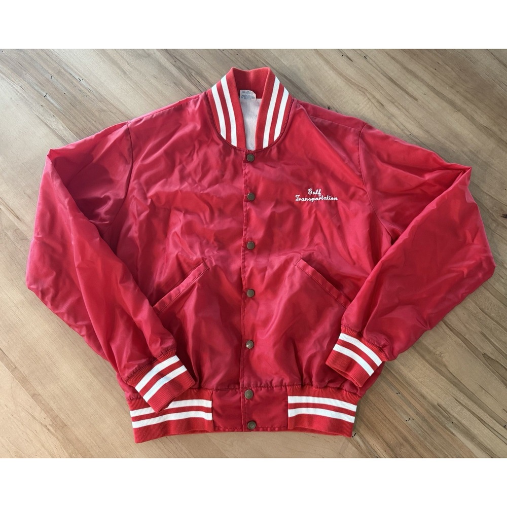 Vintage Satin Jacket Red Gulf Transportation Size Large Made In The USA Unitog‎